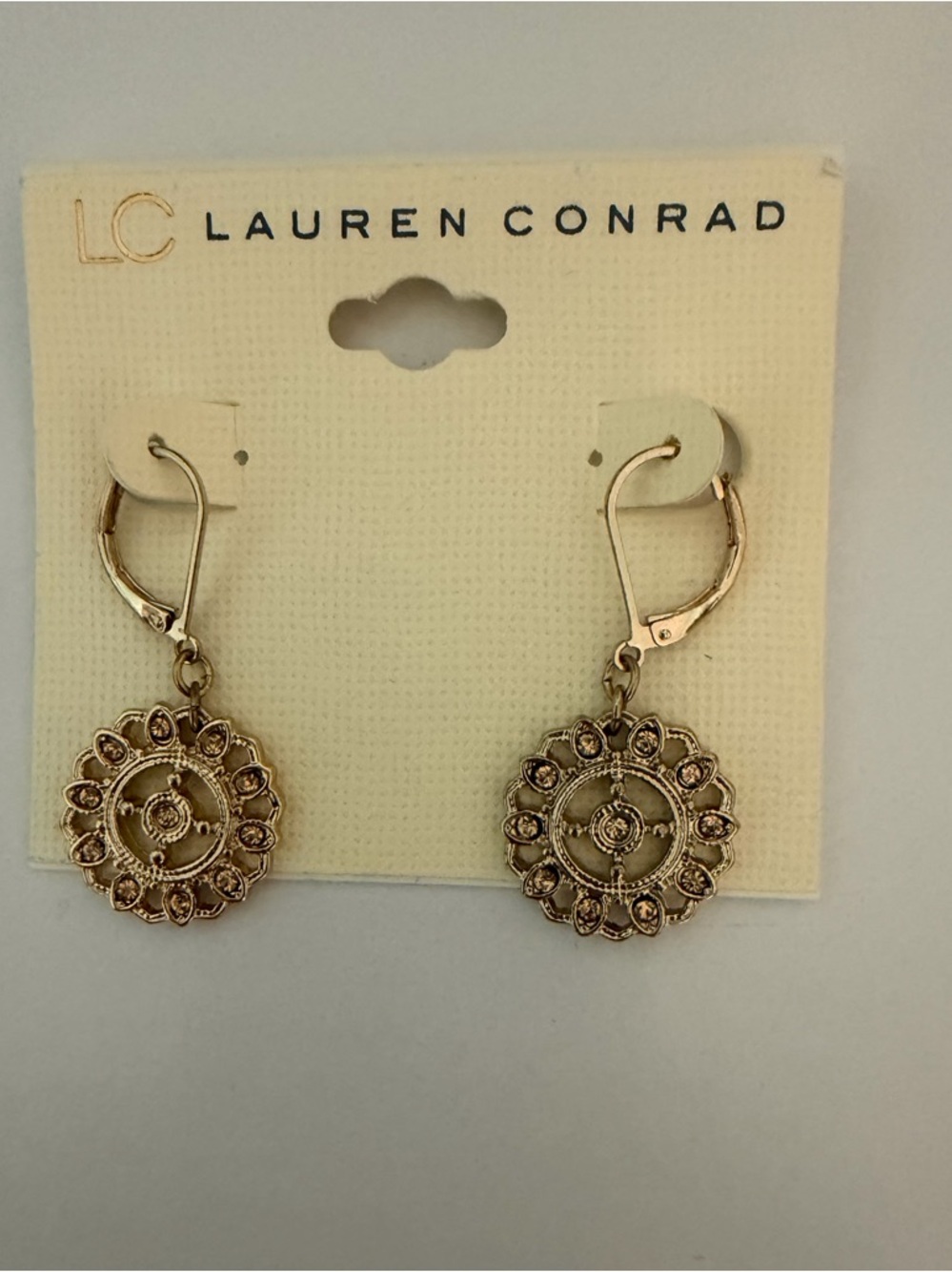 LC Lauren Conrad Gold Tone Filagree Peach Rhinestone Dangle Earrings